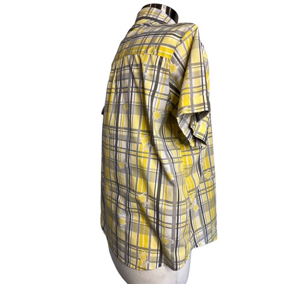 Adrian Delafield blouse L/XL Yellow gray plaid flowers short sleeve pocket colla - Picture 8 of 15